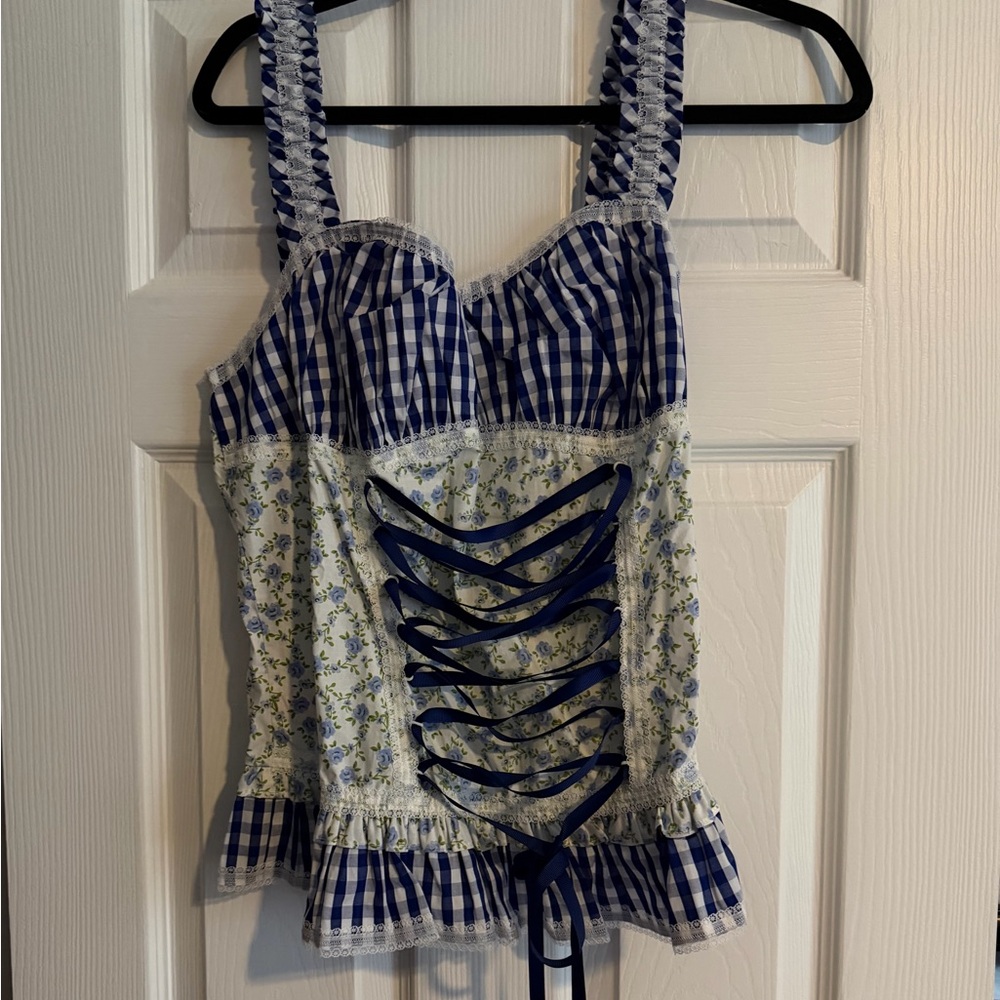 NWT Sugar Thrillz Blue and White Gingham Lace-Up Blouse